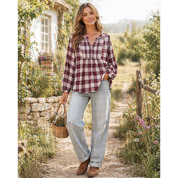 Lucky Brand Tops - Lucky Brand Womens Top Medium Plaid Popover Button Detail Peasant Boho Prairie